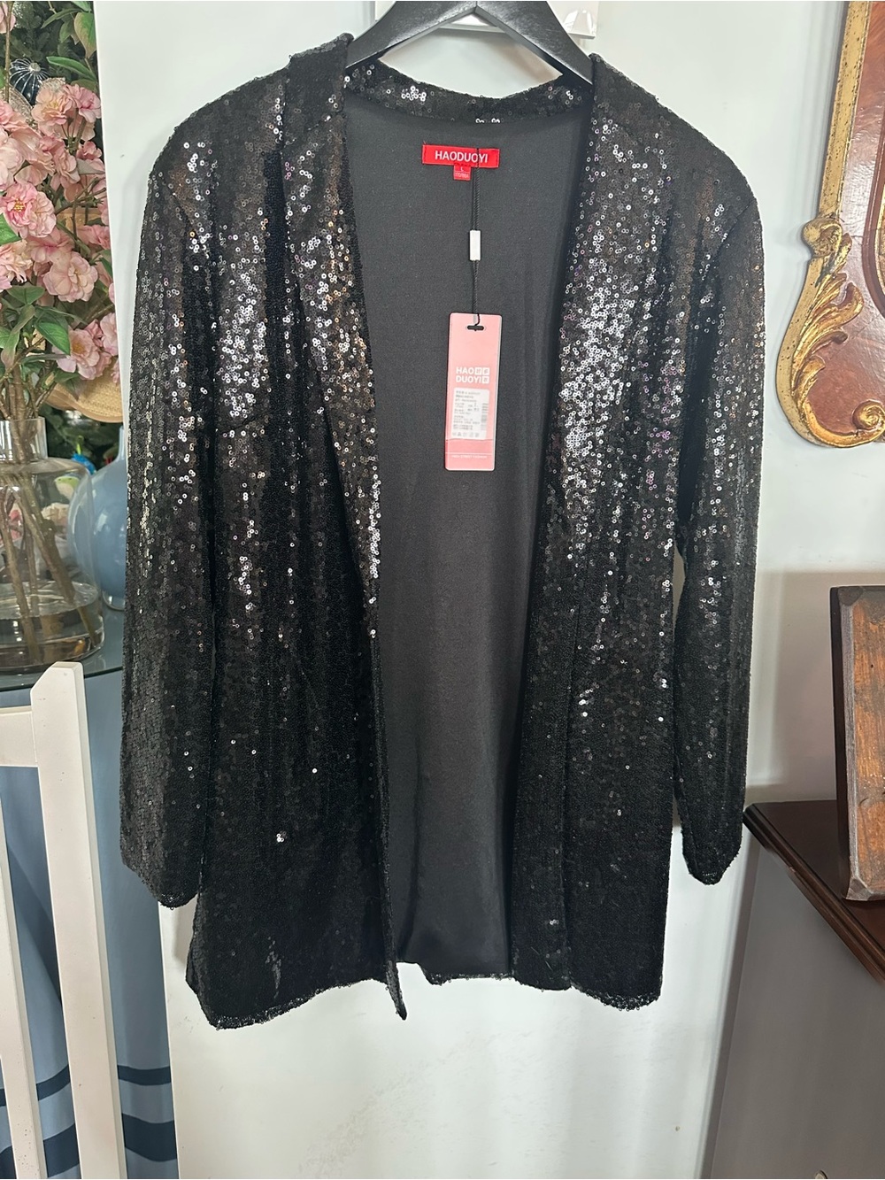 HAODUOYI Black Sequin Open-Front Jacket Size L runs small